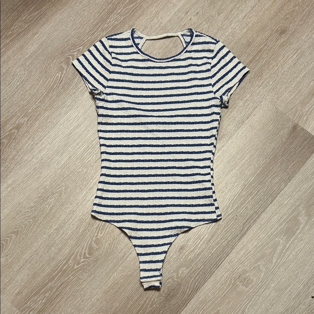 Gaze Striped Blue and White Plissé Fabric Bodysuit